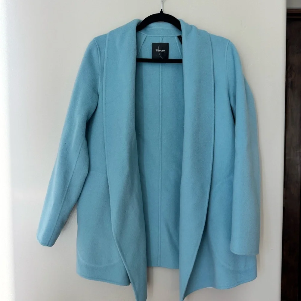 Theory Sileena Wool Cashmere Shawl Collar Coat Paradise Blue S Minimalist Chix